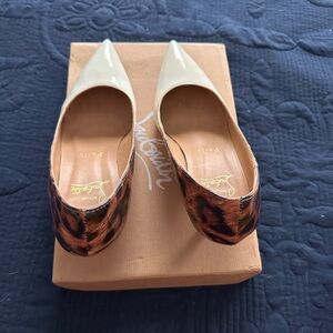 Christian Louboutin Cream Patent Pointed-Toe Flats with Leopard-Print Heel